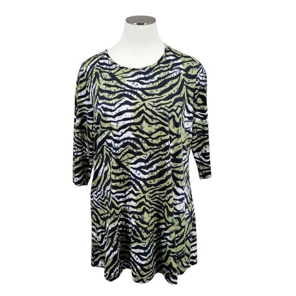 Ulla Popken Green Black Zebra Print Top Knit Tunic Tee Cotton Women's Plus Size - Picture 1 of 10
